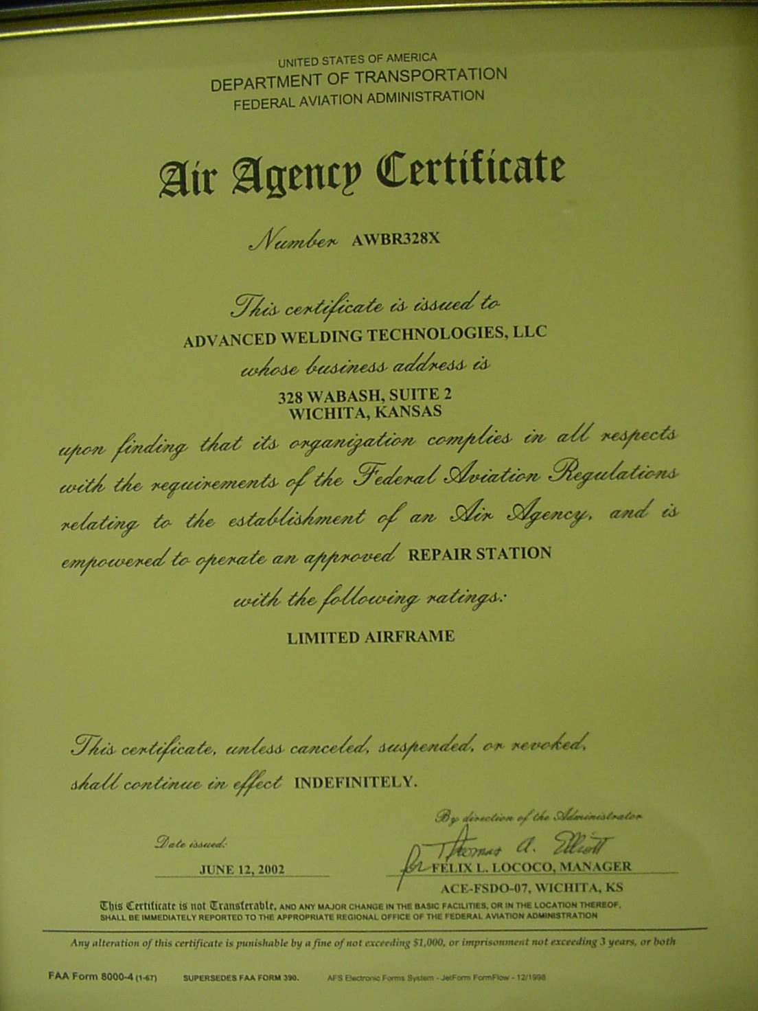 FAA Repair Station certificate
